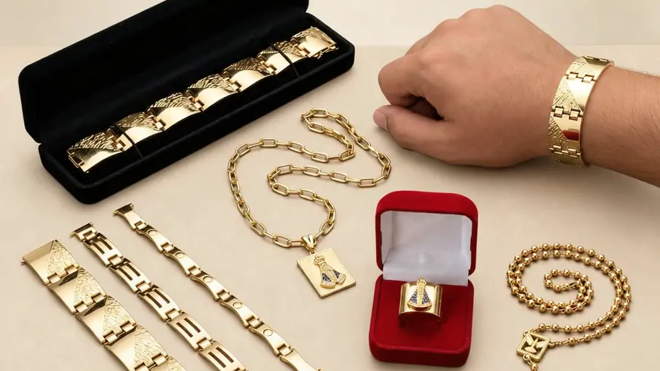 Correntes, braceletes e pingente dourados